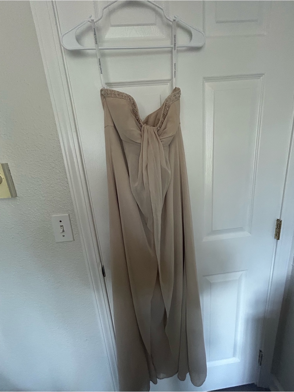 David's Bridal Taupe Strapless Chiffon Maxi Skirt with Beaded Waist